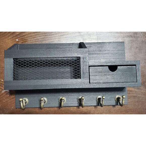 New Key and Mail Holder Wall Mount Organizer with Hooks & Drawer (Black)